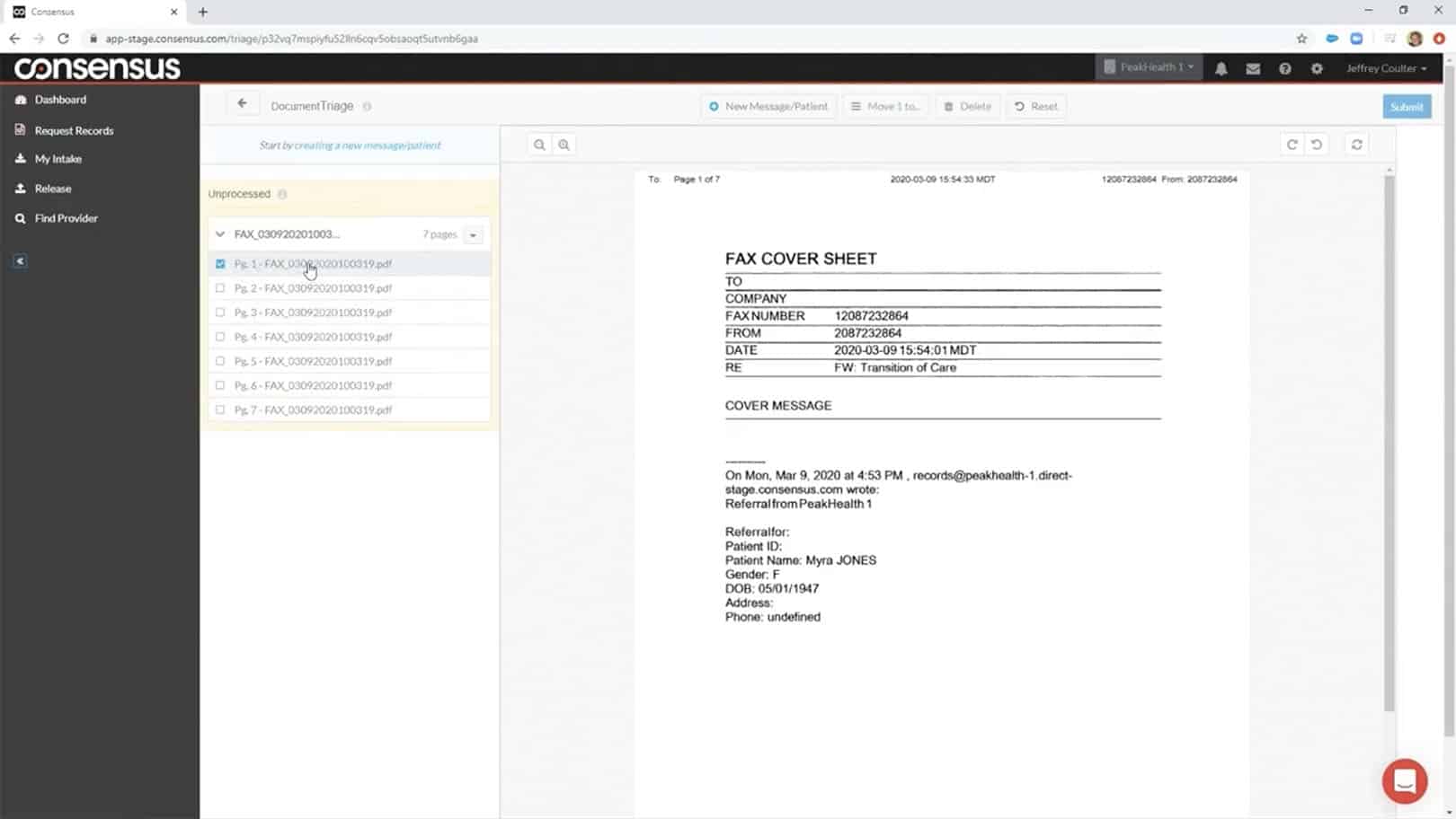 screenshot depicting the processing of an incoming fax