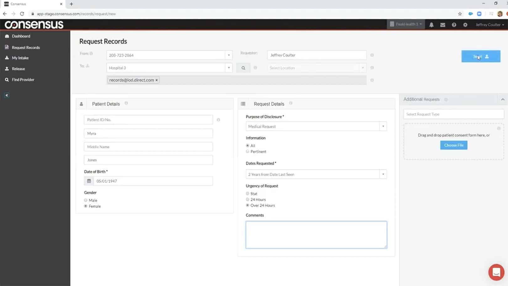 screenshot of requesting patient records