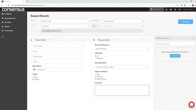 screenshot of requesting patient records