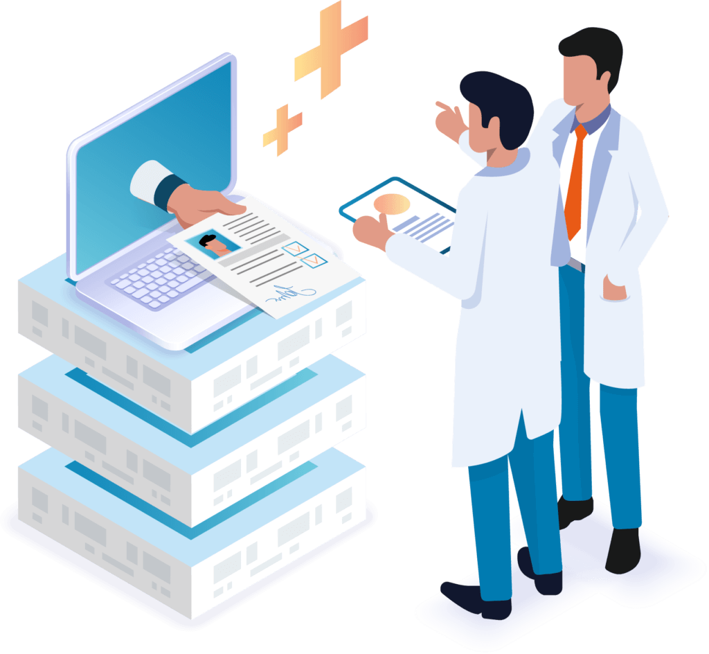 isometric illustration of healthcare workers accessing data. 