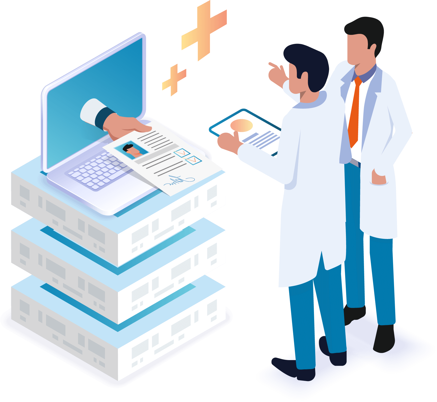 isometric illustration of healthcare workers accessing data.