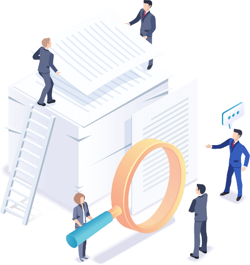 Illustration of group of professionals searching and moving documents.