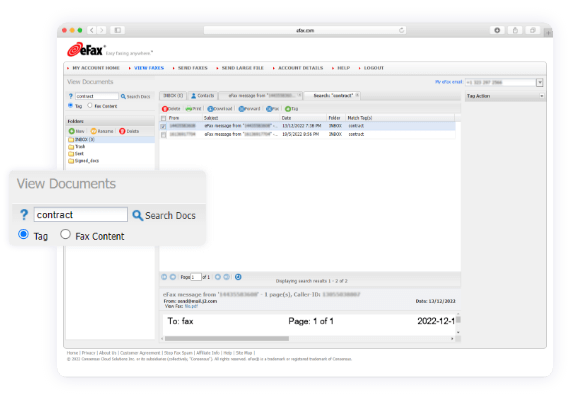 eFax app interface view documents