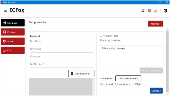 ecfax messenger screen shot of UI